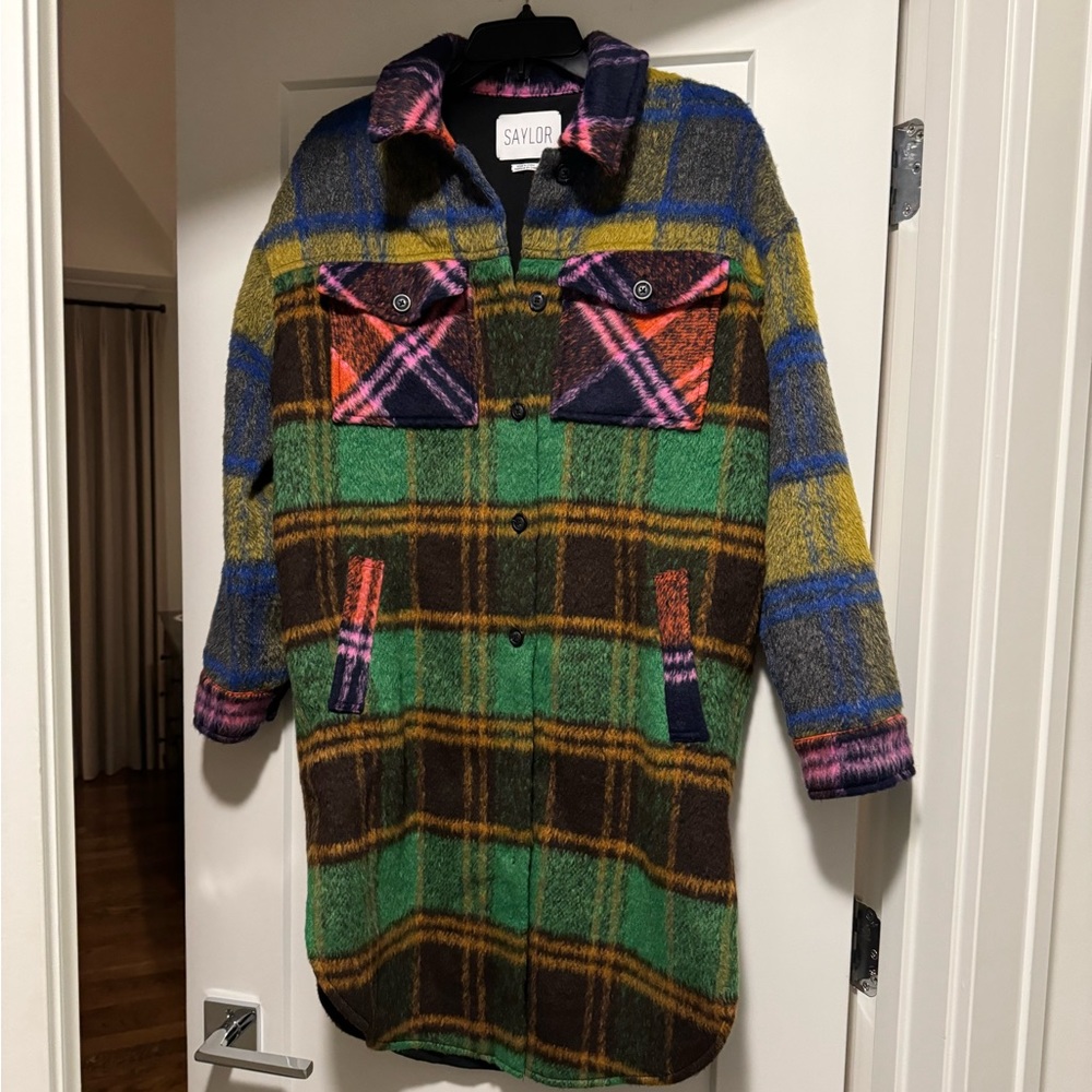 SAYLOR Multicolor Plaid Wool-Blend Shacket - Green, Blue, Pink, Yellow, Brown
